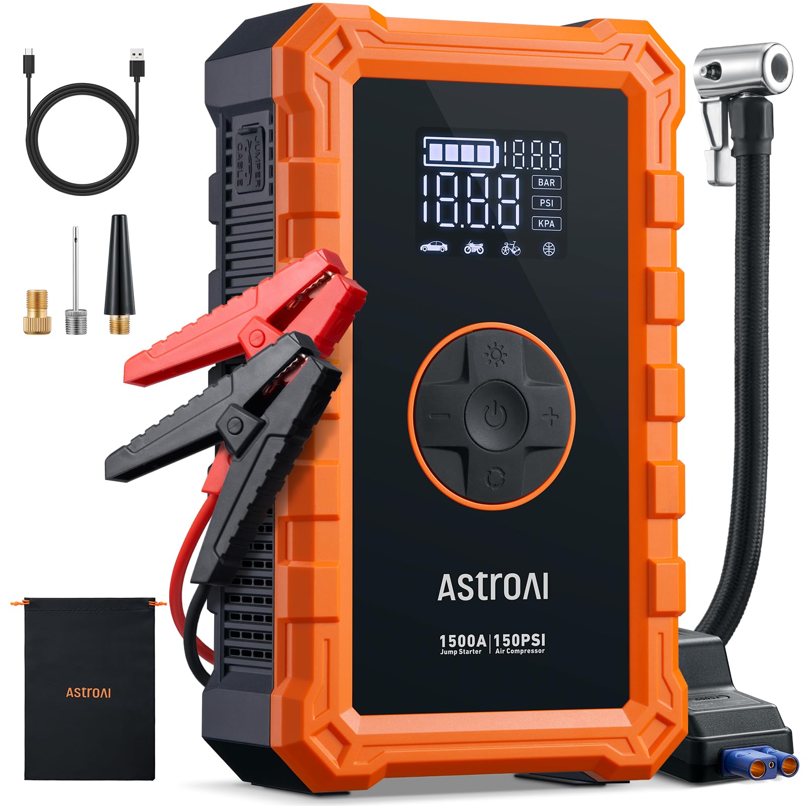 AstroAI S8 Air Starthilfe Powerbank mit 150PSI Kompressor, 5-in-1 Starthilfegerät für 6L Benzin/3L Diesel mit Universal-Luftpumpe und 2,4" Grosses Display, 3 Light Modes von AstroAI