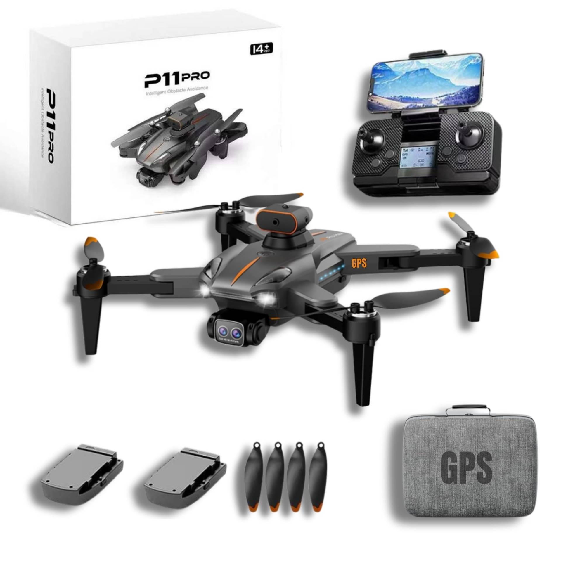 GPS Drohne P11 PRO Drone Bürstenlose Motoren 2 Kameras 1080p Reichweite 500m 2 Batterien Antihindernismodus 2 Batterien 20min Flug Präzise und stabil von Astur Group