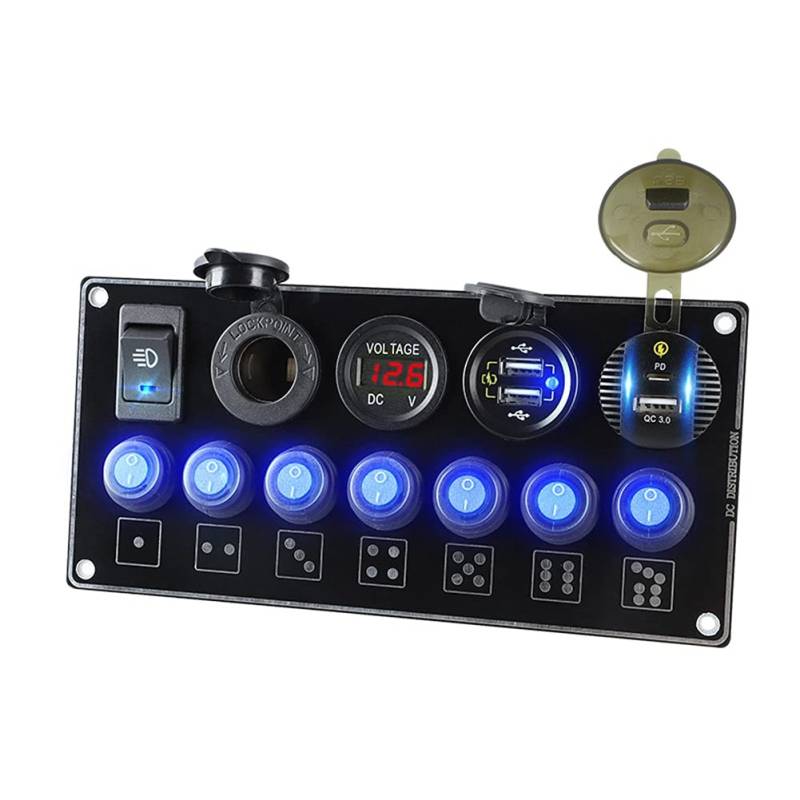 Asudaro LED Voltmeter Schalter Panel 6 Gang Schalter Panel Wasserdichte Dual USB Ladegerät Kippschalter PD+QC3.0 12V-24V Kfz-Ladebuchse Zigarettenanzünder Kippschalter EIN/AUS Für Autos LKW Boote von Asudaro