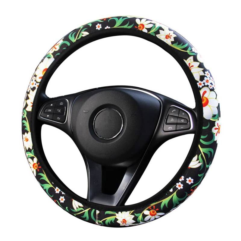 Auto Lenkradbezug mit Blumendruck,Asudaro Auto Lenkradhülle 37-39cm Auto Lenkrad Schutz Blumen Atmungsaktiver Rutschfester Lenkradbezug Universal-Lenkrad-Abdeckung für Frauen Interieur,schwarz B von Asudaro