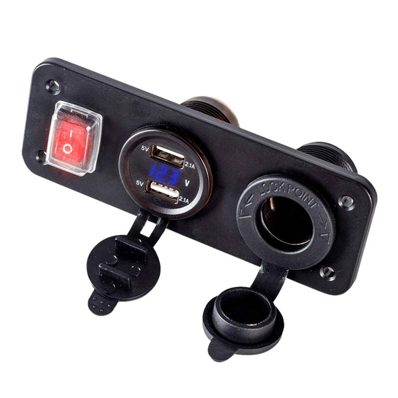 Auto Panel Schalter, Dual USB Autoladebuchse 12V 4.2A Steckdosen-Voltmeter Zigarettensteckdose Multifunktionale Platte Wasserdichtes Drei-Loch-Panel fur Auto Boot Marine Truck 13,4x3,9 cm,Blau von Asudaro