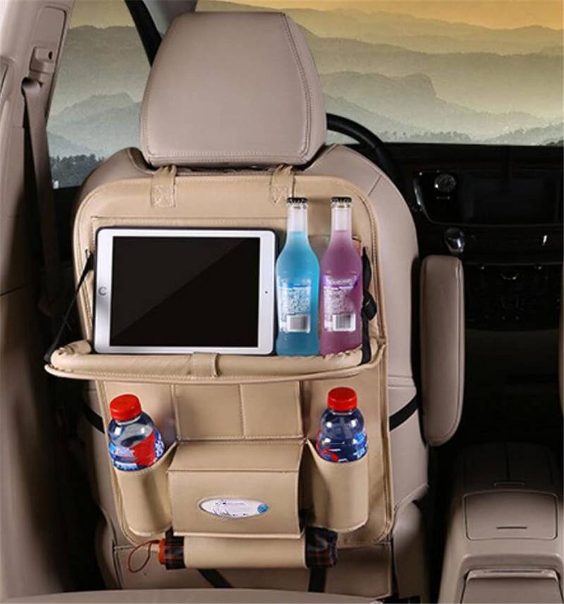 Auto Rückenlehnenschutz,Asudaro Auto Rücksitz Organizer Kinder Auto Rücksitzorganisatoren Wasserdichte PU-Leder Auto-Rücksitzschutz-Aufbewahrungstasche mit faltba Auto-Esstisch-Tablet-Halter,Beige von Asudaro