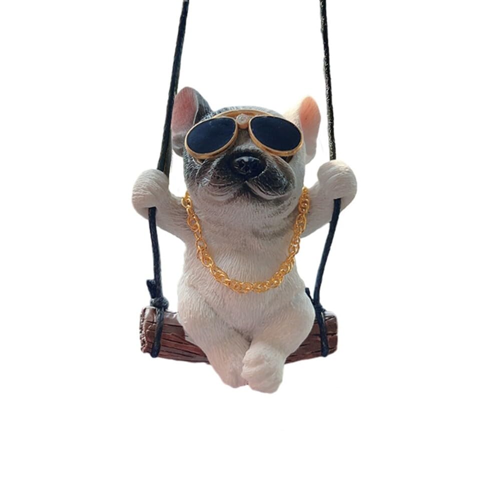 Auto Rückspiegel Anhänger,Asudaro Auto Rückspiegel Hunde Anhänger Miniatur Auto Dekoration Geschenk Kreative Bulldogge Für Heimdekoration, Hängendes Accessoire, Anhänger, Geschenk Weiß mit Halskette von Asudaro