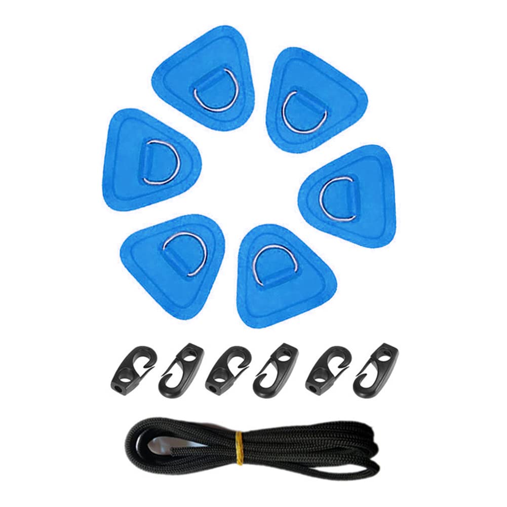 D-Ring Pad, Asudaro 6Pcs D-Ring Kajak Patch Heavy Duty SUP Bungee Deck Rigging Edelstahl D-Ring-Kit mit 2,5 m Bungee-Seil Geeignet für PVC-Schlauchboote, Surfbretter, Schlauchboote, Kajaks,blau von Asudaro