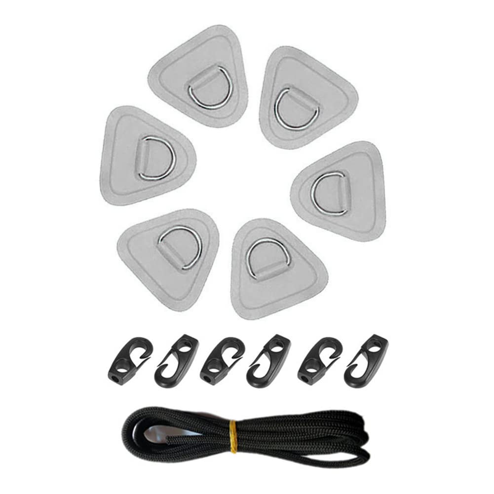 D-Ring Pad, Asudaro 6Pcs D-Ring Kajak Patch Heavy Duty SUP Bungee Deck Rigging Edelstahl D-Ring-Kit mit 2,5 m Bungee-Seil Geeignet für PVC-Schlauchboote, Surfbretter, Schlauchboote, Kajaks,grau von Asudaro