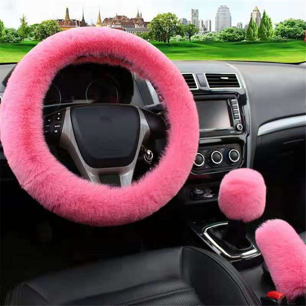 Lenkradabdeckung Winter, Asudaro Lenkradabdeckung 3Pack Universal Lenkradhülle Plüsch Winter Lenkradbezug Wolle Soft Auto Schaltknäuf Abdeckung Handbremse Abdeckung für Damen & Mädchen,Pink Rot von Asudaro