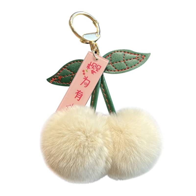 Plüsch Kirsche Schlüsselanhänger,Asudaro Flauschiger Plüsch Schlüsselanhänger Anti-verlorener Plüsch Kirschblatt Bommel Auto Rucksack Anhänger Handtaschenanhänger Keychain Mode Eleganz Dekor Beige von Asudaro