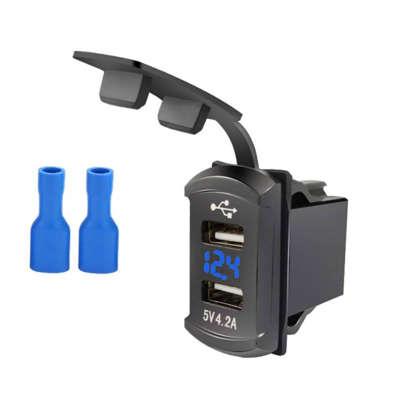 USB Auto Steckdose, Asudaro Dual USB Autoladebuchse mit Voltmeter Wasserdichter Steckdosenadapter Auto Ladegerät für 12V-24V Auto Boot Marine Motorrad ATV RV Camper Traktoren LKW,Blau von Asudaro