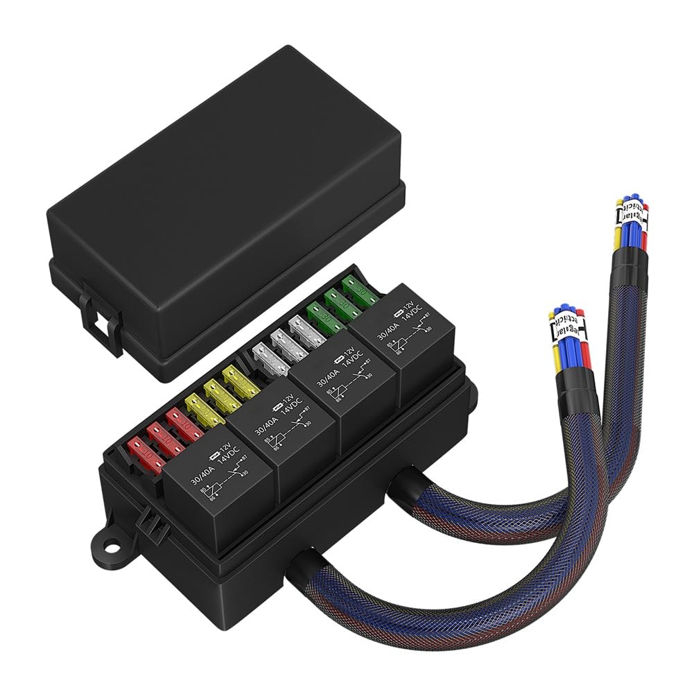 Asuinxurr 12-V-Sicherungsrelaiskasten, Vorverdrahteter Sicherungs- und Relaiskasten mit 4 Relais, 12-Wege-ATC/ATO-Sicherungen, Versiegelter 12-V-Relais-Sicherungskasten Fürs Auto von Asuinxurr