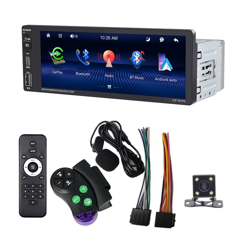 Asyduey 6,9 Kabelloses Carplay-Autoradio, Einzel-Din-Touchscreen, Android Auto, Bluetooth, Mirror Link, FM-Mikrofon, SWC, Einfach zu Bedienen von Asyduey