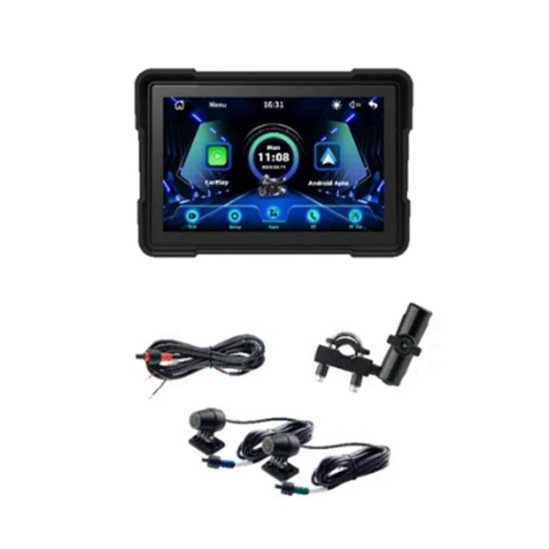 Asyduey Kabelloses CarPlay Motorrad Android Auto 5 Motorrad GPS Navigation Wasserdicht Dual BT Dual CAM Recorder B von Asyduey