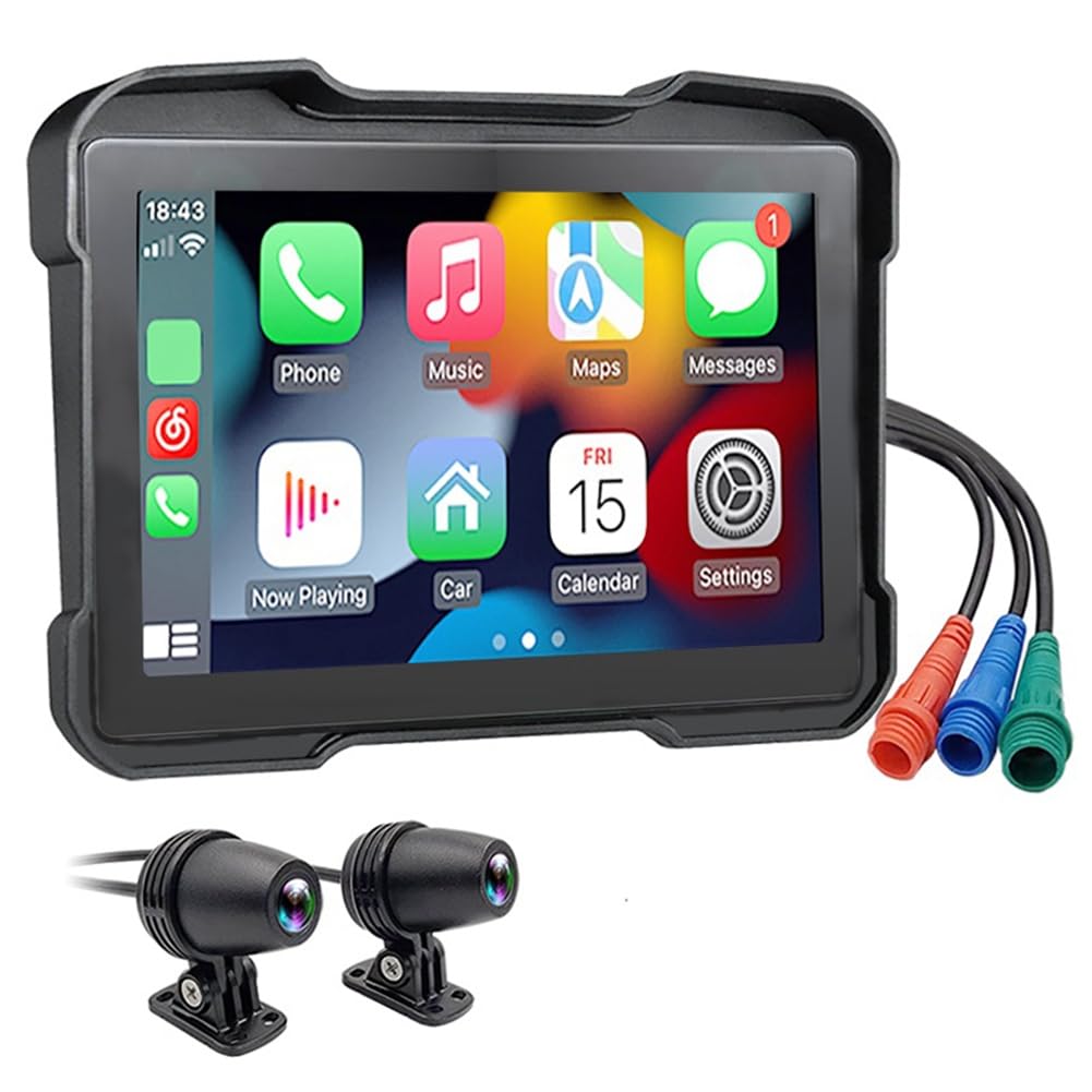 Asyduey Tragbare 5-DVR-Dashcam für Motorräder, Kabelloses CarPlay, Android Auto-Bildschirm, GPS-Navigation, Wasserdichter Monitor von Asyduey