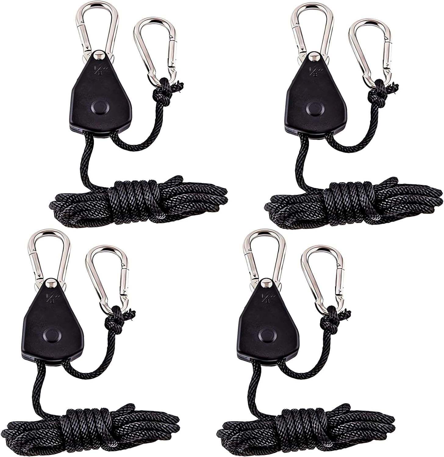 Seil Ratsche mit Haken 1/8 Zoll Einstellbarer Hochleistungs Seilclip Aufhänger, 4 Stück Ratsche Seilratsche Wachsen Licht Ratchet Seil Aufhänger Rope Ratchet, Nylon, Schwarz 68kg Jedes Paar von AsyinXson