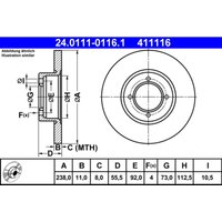 Bremsscheibe ATE 24.0111-0116.1 vorne, voll, 1 Stück von Ate
