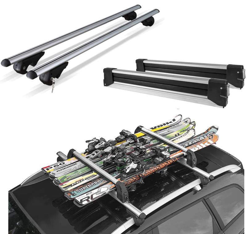 Dachträger aus Aluminium + Skihalter, 6 Paar Ski oder 4 Snowboards, für SKODA SUPERB STATION WAGON 2013 bis 2015 mit offenem Railing von Au Co