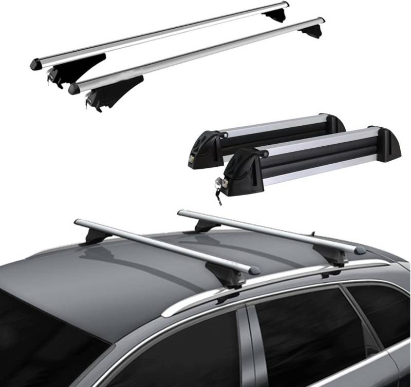 Dachträger aus Aluminium + Skihalter 4 Paar oder 2 Snowboarden für AUDI Q3 (8U) ab 2011 mit integriertem Railing, Dachgepäckträger Auto Relingträger von Au Co