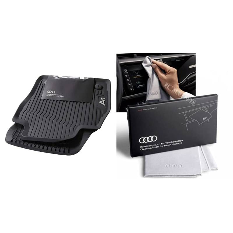 Audi 82B061501041 Premium Gummi Fußmatten 2X Vorn Original Gummimatten Allwettermatten, Schwarz & 80A096325 Reinigungstuch für Touchdisplays, Silber, 30x30cm von Audi