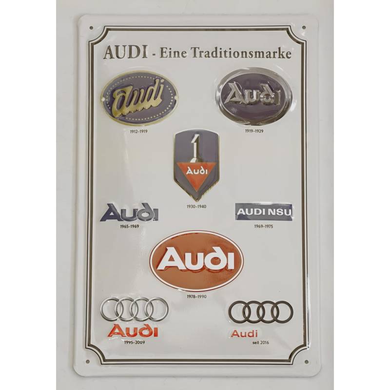 Audi A8-8975 Blechschild Traditionsmarke Logo Historie Stahlblech Schild, Weiß von Audi