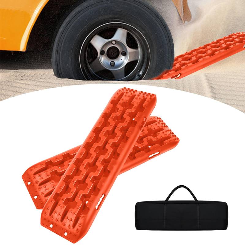 AufuN 2 Stück Sandbleche Anfahrhilfe Traktionsmatte Kunstoff, Wohnmobil Recovery Board Offroad Traktionshilfe Orange, Schlamm Sand Schnee Reifenleiter mit Aufbewahrungstasche für PKW LKW Geländewagen von AufuN