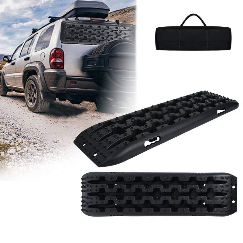 Aufun 2X Sandbleche Anfahrhilfe mit Aufbewahrungstasche, Tragbare Tracktionshilfe Traktionsband Traktionsmatte Gripmatte Set, 10T Last Reifenleiter für Geländewagen Wohnmobil PKW LKW -Schwarz von AufuN