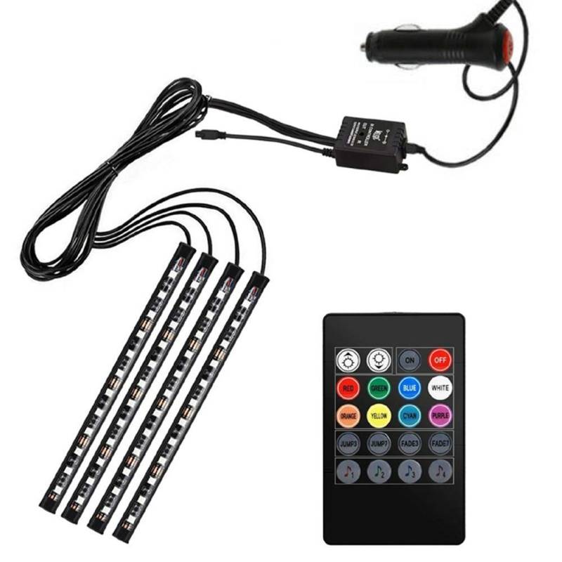 B01C Auto Innenraumbeleuchtung LED RGB Strip, 4 x 48 LEDs, 8 Farben, Musik-Synchronisation, Drahtlose Fernbedienung, 12V Zigarettenanzünder von Aukson