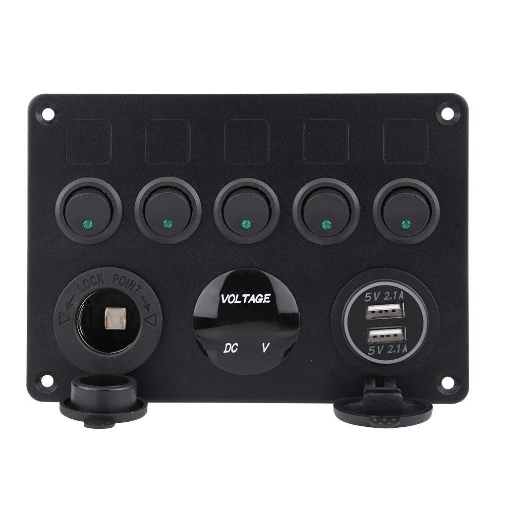 Kippschalter-Panel, Ultra-luxuriös, 5-fach, Dual-USB-Voltmeter für Auto, Boot, Marine, LKW (Grünes Licht) von Aumotop