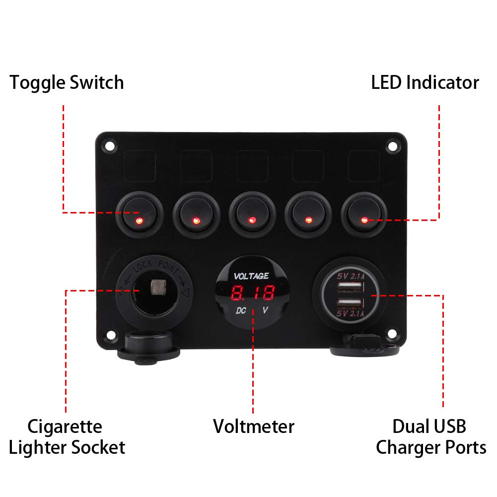 Kippschalter-Panel, Ultra-luxuriös, 5-fach, Dual-USB-Voltmeter für Auto, Boot, Marine, LKW (Rotlicht) von Aumotop