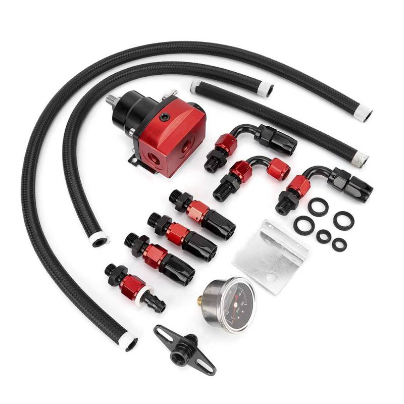 Schwarz Rot + Silber 300-800 PS -6AN 3 Anschlüsse Universal Universal Einstellbarer Auto-Kraftstoffdruckreglersatz mit 100 PSI-Messgerät Hochleistungs-Turbomotor Schwarz Rot + von Aumotop