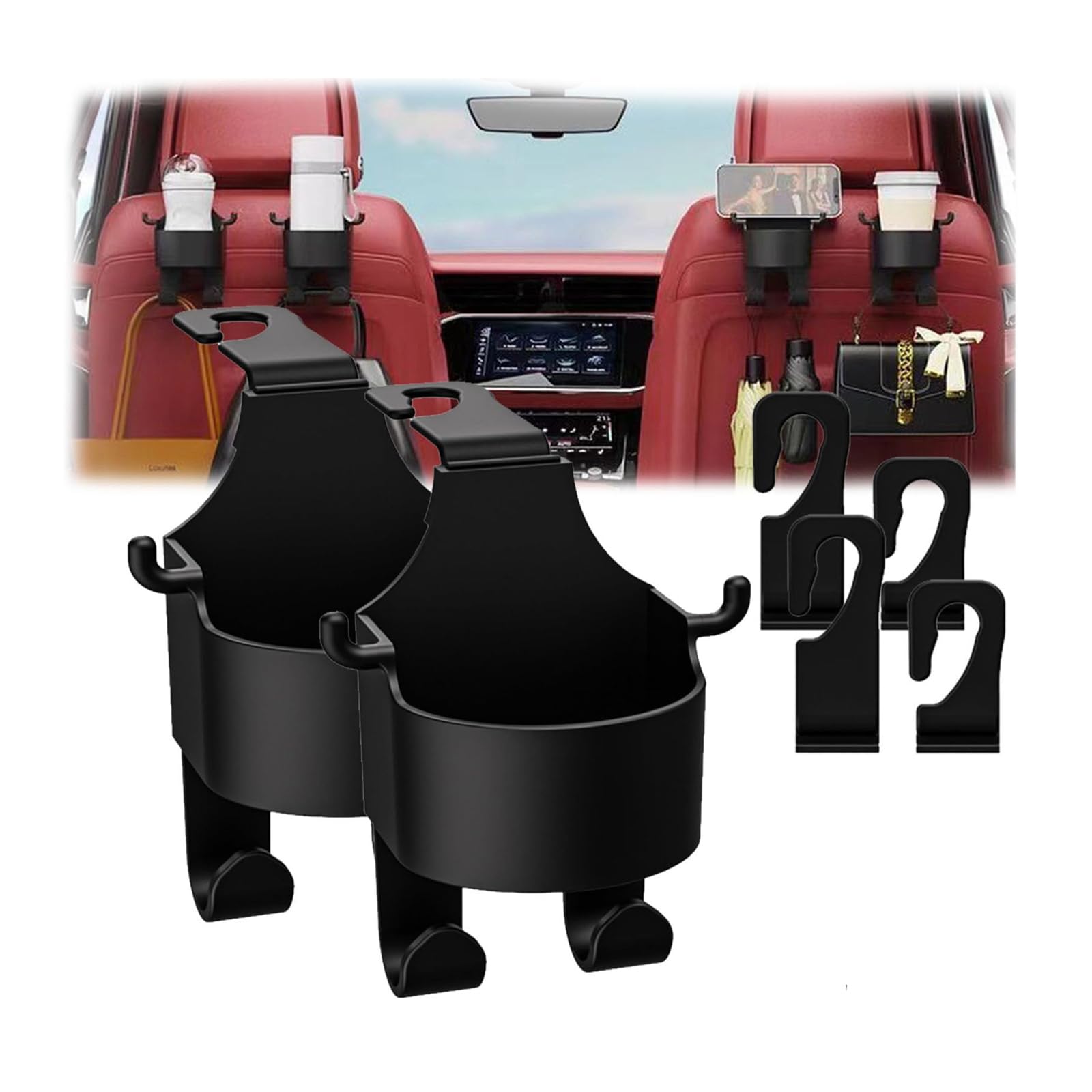 Multifunktionaler Haken für Autositzrückseite, Auto-Getränkehalter – Autositz-Kopfstützen-Getränkehalter mit Haken, 2-in-1-Auto-Haken & Rücksitz-Getränkehalter, multifunktionaler Sitz-Becherhalter von Aumude