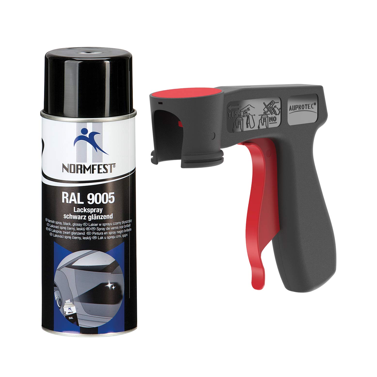 AUPROTEC Lackspray RAL 9005 schwarz glänzend Sprühlack Glanzlack Auto Lack Spray 1x 400ml + 1x Original Pistolengriff von AUPROTEC