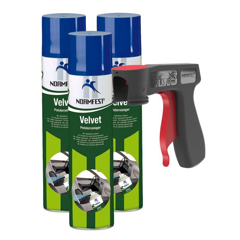 AUPROTEC Pistolengriff + Normfest Polsterreiniger Velvet Auto Innenreiniger Fleckenentferner Reiniger Schaum 3X 400ml von AUPROTEC