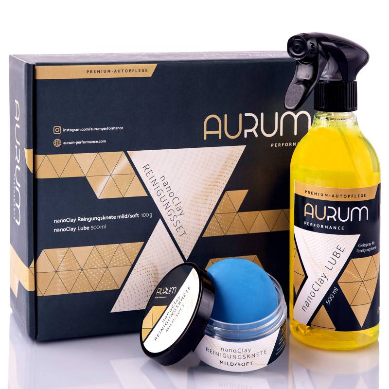 Aurum-Performance® Reinigungsknete mit Gleitmittel zur professionellen Autopflege - Entfernt mühelos Flugrost, Insektenreste, Lackablagerungen - nanoClay Set (Lackknete mild + Spezial Gleitspray) von Aurum-Performance