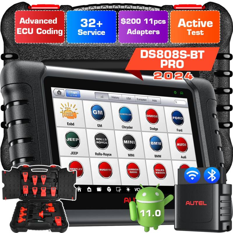 Autel MaxiDAS DS808S-BT KIT, Plus 11 Adapter [€200], 2024 Neueste Android 11, Neueres Modell von MP808BT PRO MP808S DS808K, ECU-Codierung & Bidirektionales Scan-Tool wie MS906 PRO MS906BT, 32+ Dienste von Autel