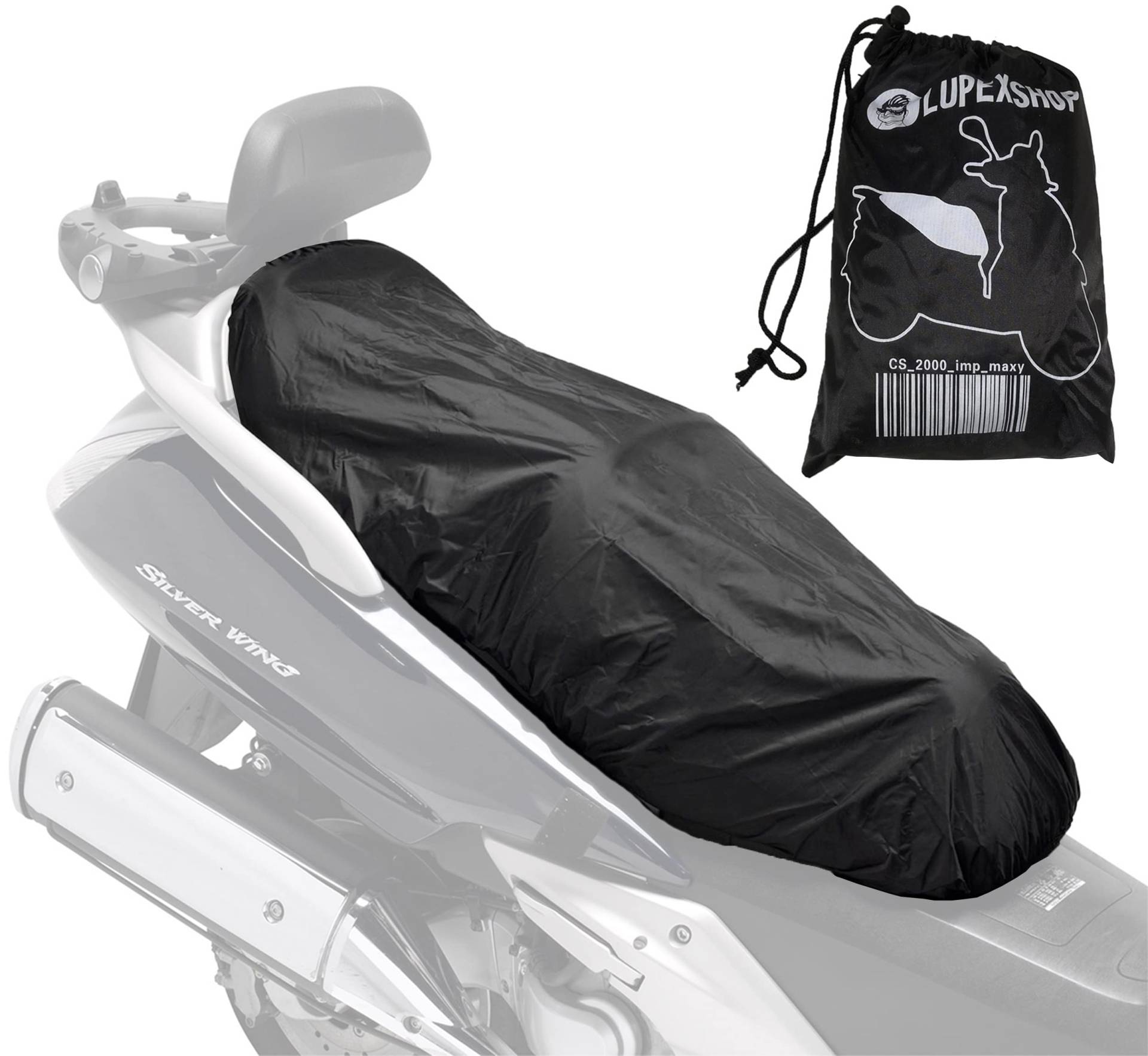 Auto Accessori Lupex - Universal-Sattelbezug, wasserdicht, Größe Maxi 115 x 50 cm, anpassbare Sattelabdeckung für Scooter und Motorrad, Material: Polyester, Farbe Schwarz, mit Tasche von Auto Accessori Lupex