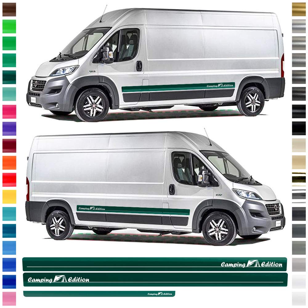 Auto-Dress® Seiten-Streifen Aufkleber Set/Dekor passend für FIAT Ducato in Wunschfarbe - Motiv: Camping Edition (Schwarz-Glanz, Radstand: L2) von Auto-Dress