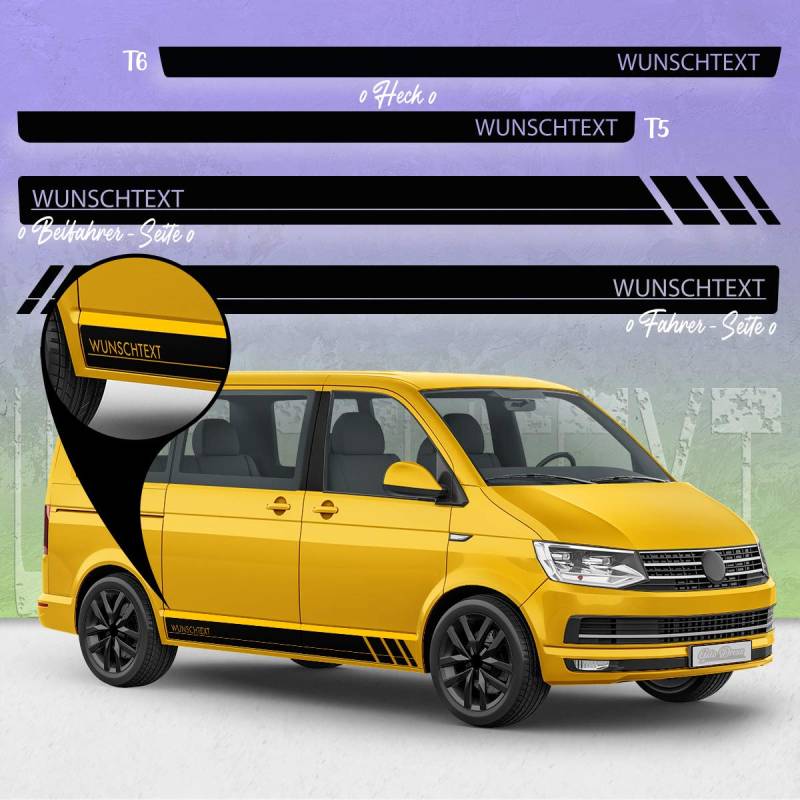 Auto-Dress Seiten-Streifen Aufkleber Set/Dekor passend für Volks-Wagen T4, T5 & T6 Bus - Motiv: Wunschtext Racing (111M Black Matt, Radstand: kurz) von Auto-Dress