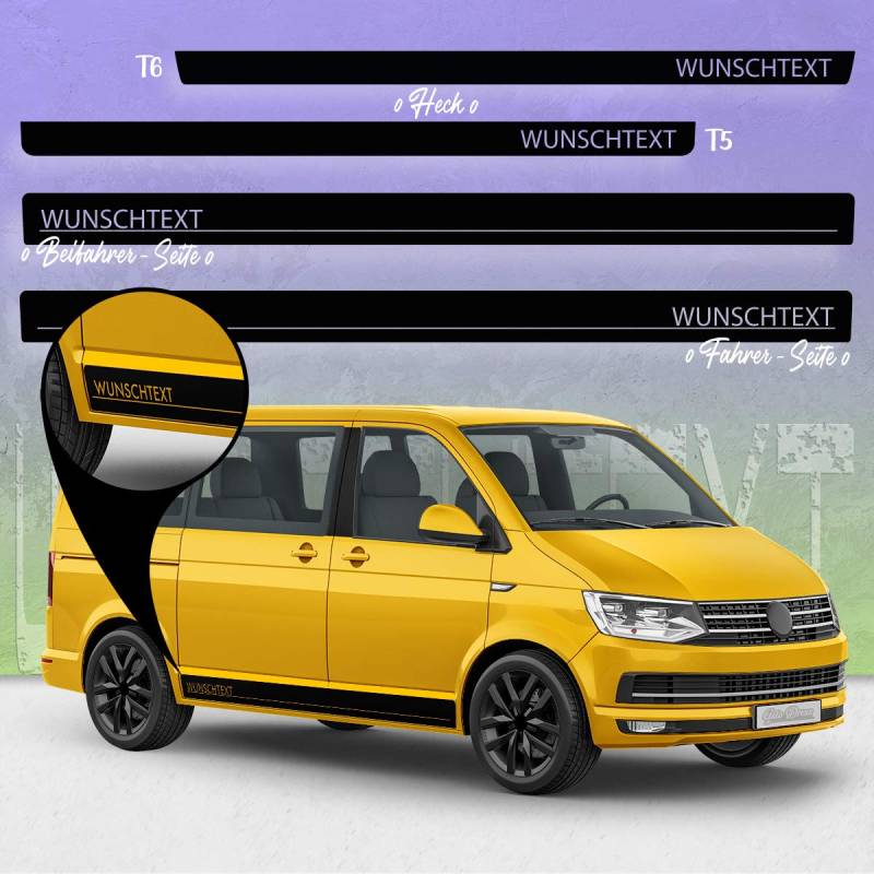 Auto-Dress Seiten-Streifen Aufkleber Set/Dekor passend für VW T4, T5 & T6 Bus - Motiv: Wunschtext (110 Black Gloss, Radstand: Kurz) von Auto-Dress