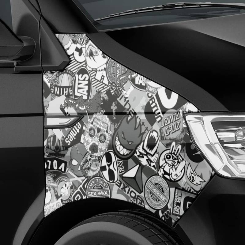 Auto-Dress Stickerbomb Auto-Folie mit Luftkanal-Technik für 3D Car-Wrapping (50x150cm, Design: Skate, Farbe: Schwarz-Weiß, Finish: Glanz) von Auto-Dress