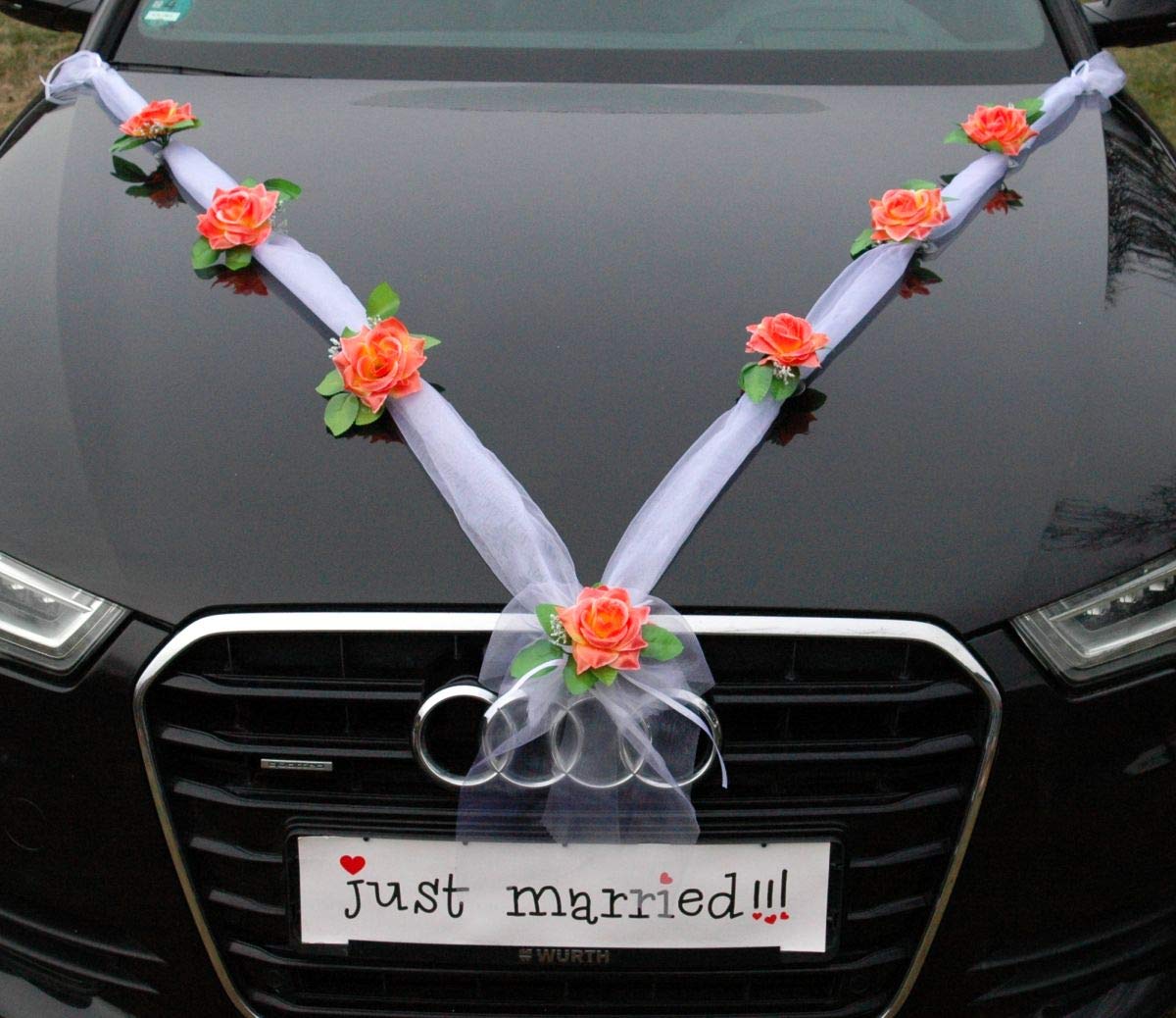 Organza M Auto Schmuck Braut Paar Rose Deko Dekoration Autoschmuck Hochzeit Car Auto Wedding Deko Girlande PKW (Koralle/Weiß) von Auto-schmuck so einfach so kreativ