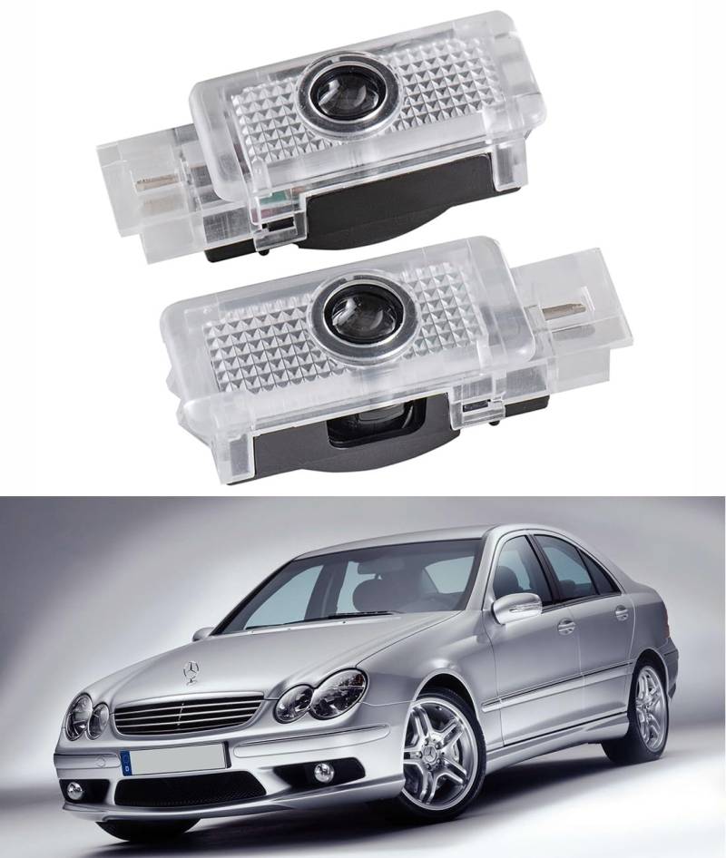 AutoQi Willkommenslicht für Mercedes C-Klasse W203 S203 CLK C208 C209 CLC203 LED Projektor Logo Einstiegsbeleuchtung Laser Türlicht, 2 Stk (Stern + Schriftzug) von AutoQi