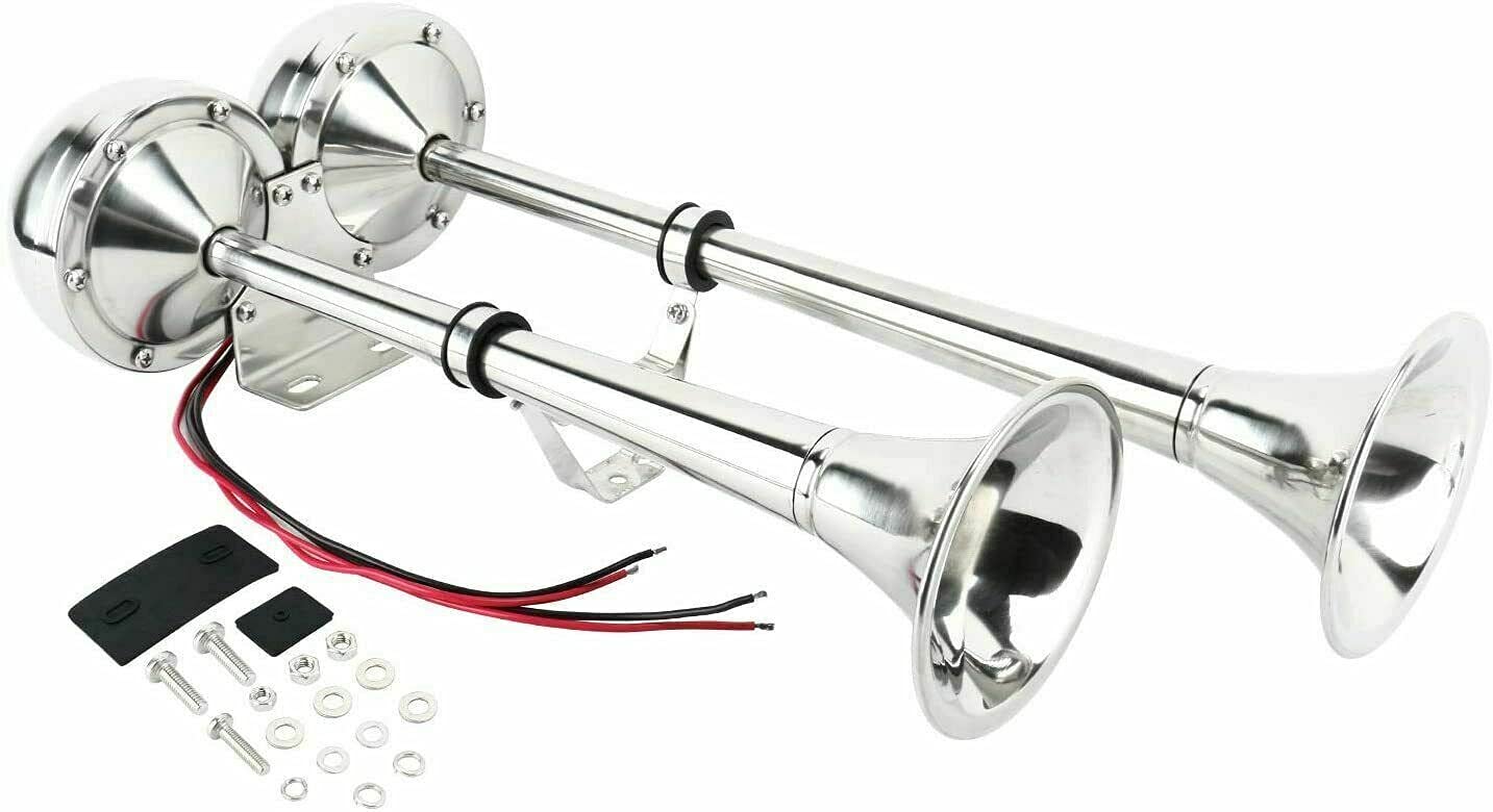 12V Signalhorn Edelstahl Chrom Doppel Druckluftfanfare 2-Klang Hupe Horn Druckluft 45 cm von Autobits