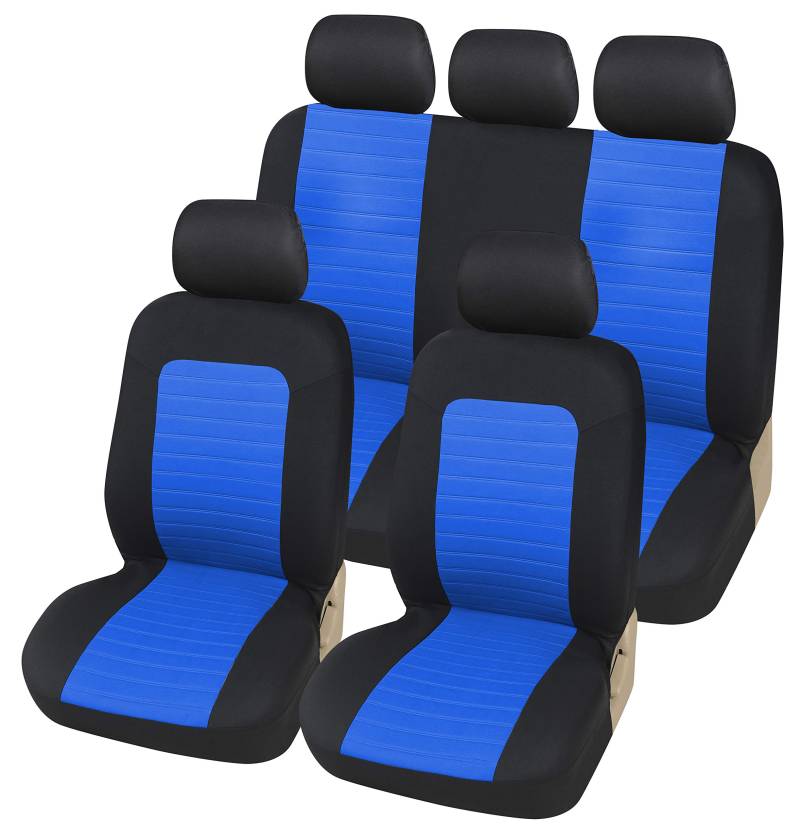 5er Komplettset Sitzbezüge Vorne + Hinten Komfort Auto Schonbezüge Blau/Schwarz Polyester Stoff Sitzschöner Neu PKW OVP Tierschutz von Autobits