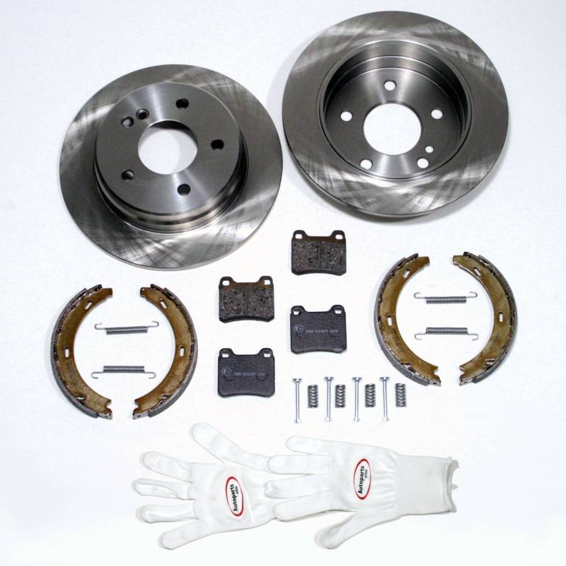 Autoparts-Online Set 60001785 Bremsscheiben + Bremsbeläge + Handbremsbacken + Zubehör für hinten/die Hinterachse von Autoparts-Online