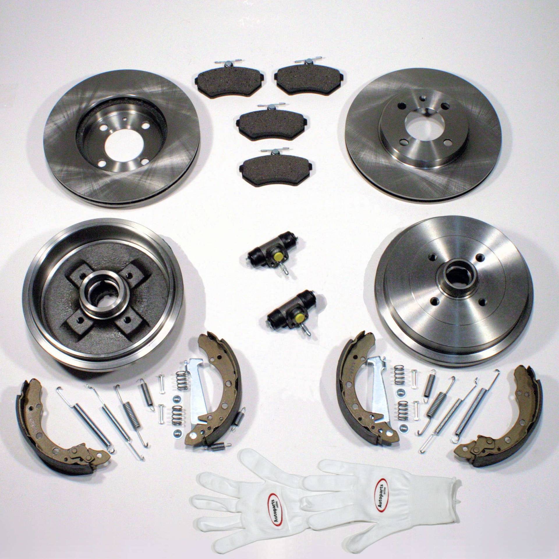 Autoparts-Online Set 60003127 Bremsscheiben + Beläge vorne + Bremstrommeln + Brremsbacken + Radbremszylinder + Zubehör hinten von Autoparts-Online