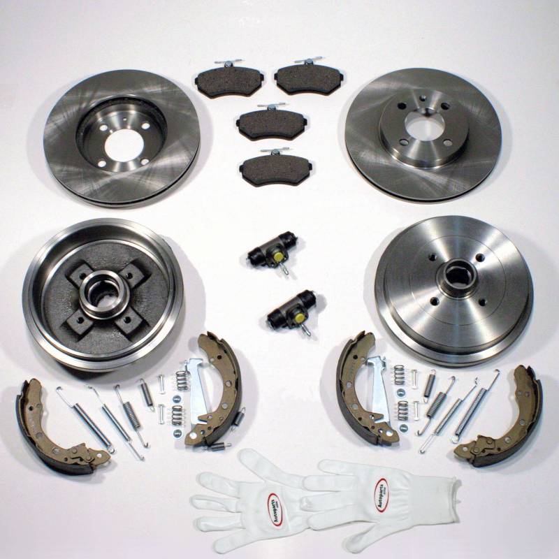 Autoparts-Online Set 60003127 Bremsscheiben + Beläge vorne + Bremstrommeln + Brremsbacken + Radbremszylinder + Zubehör hinten von Autoparts-Online