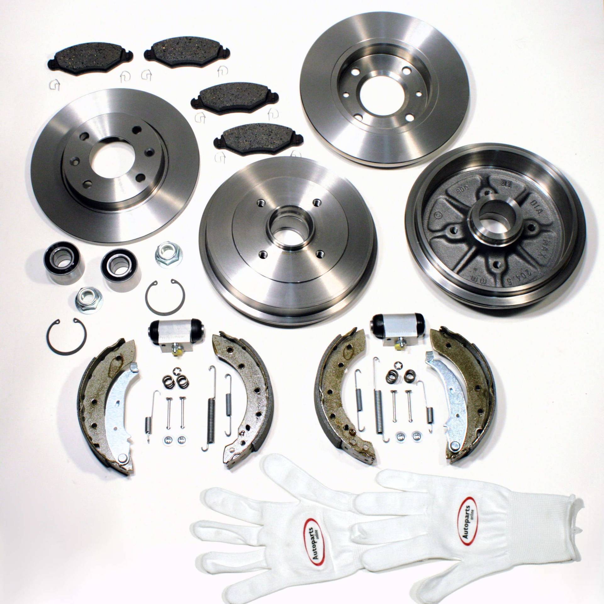 Autoparts-Online Set 60003148 Bremsscheiben massiv + Bremsbeläge vorne + Bremstrommeln + Bremsbacken + Radlager + Radbremszylinder + Zubehör hinten von Autoparts-Online