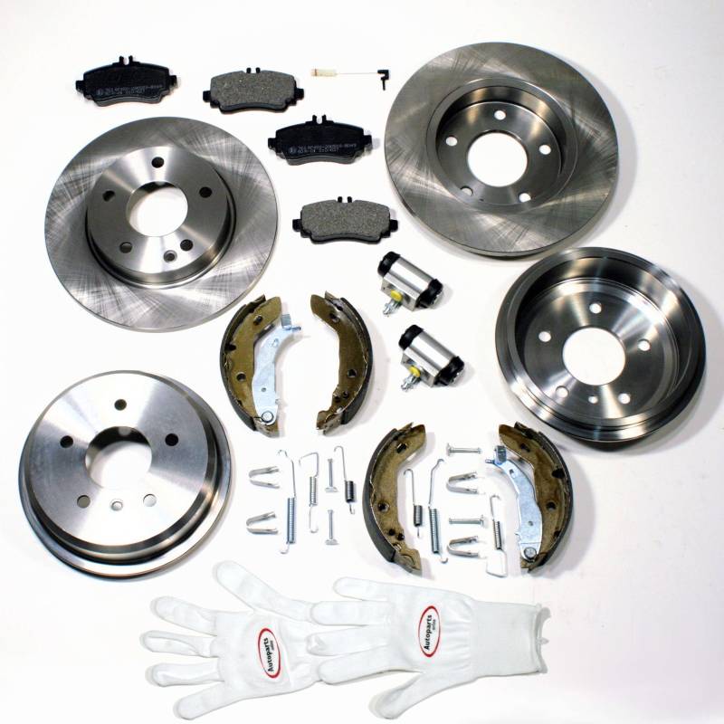 Autoparts-Online Set 60003184 Bremsscheiben + Bremsbeläge vorne + Bremstrommeln + Bremsbacken + Radbremszylinder + Zubehör hinten von Autoparts-Online