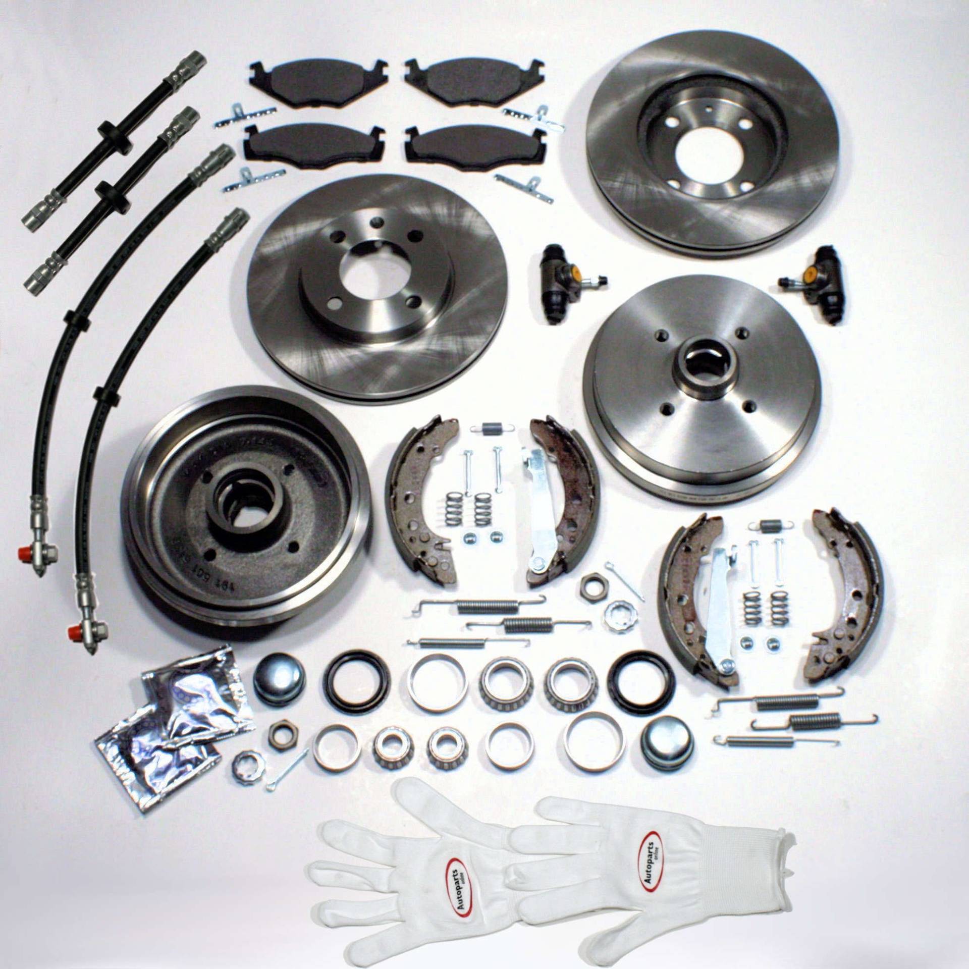 Autoparts-Online Set 60003267 Bremsscheiben + Bremsbeläge vorne + Bremstrommeln + Bremsbacken + Radlager + Zubehör hinten + Bremsschläuche von Autoparts-Online