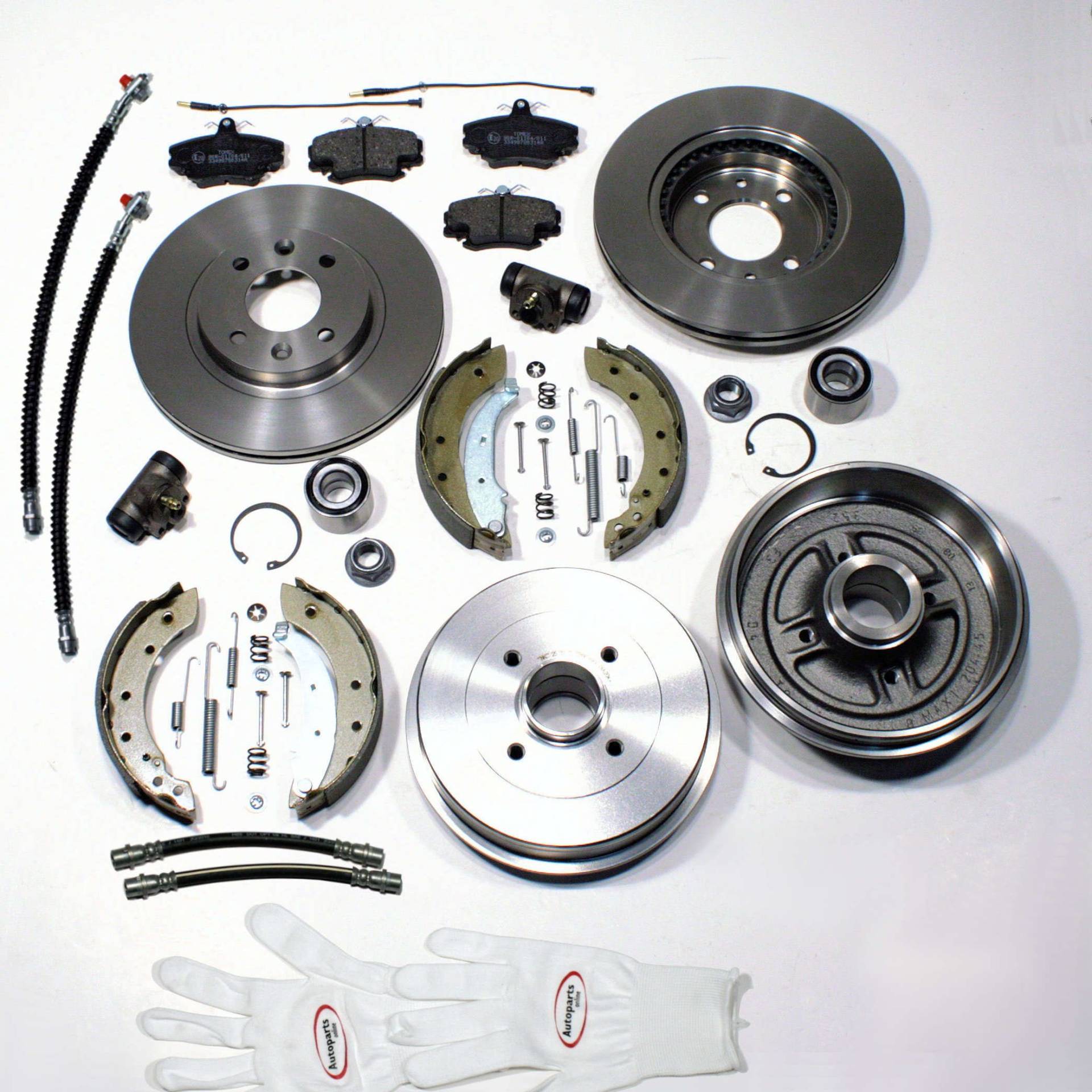 Autoparts-Online Set 60003435 Bremsscheiben belüftet + Bremsbeläge vorne + Bremstrommeln + Bremsbacken + Radlager + Radbremszylinder + Zubehör hinten + Bremsschläuche vorne + hinten von Autoparts-Online