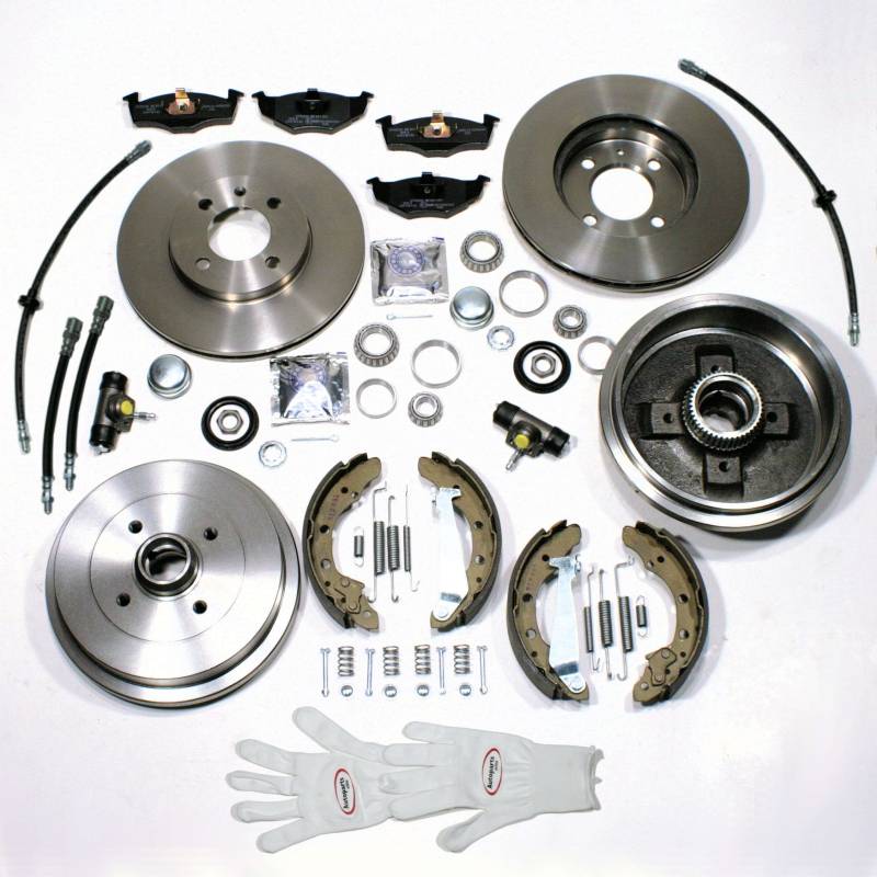 Autoparts-Online Set 60008691 Bremsscheiben + Bremsbeläge vorne + Bremstrommel Set mit ABS Ringen + Bremsschläuche hinten von Autoparts-Online